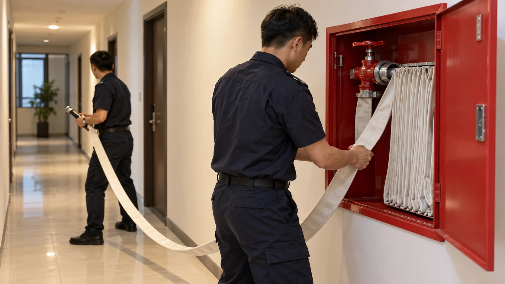 室內消防栓箱、消防水帶與兩名操作人員的示意照片;設備型式與操作應依現場標示及訓練。
